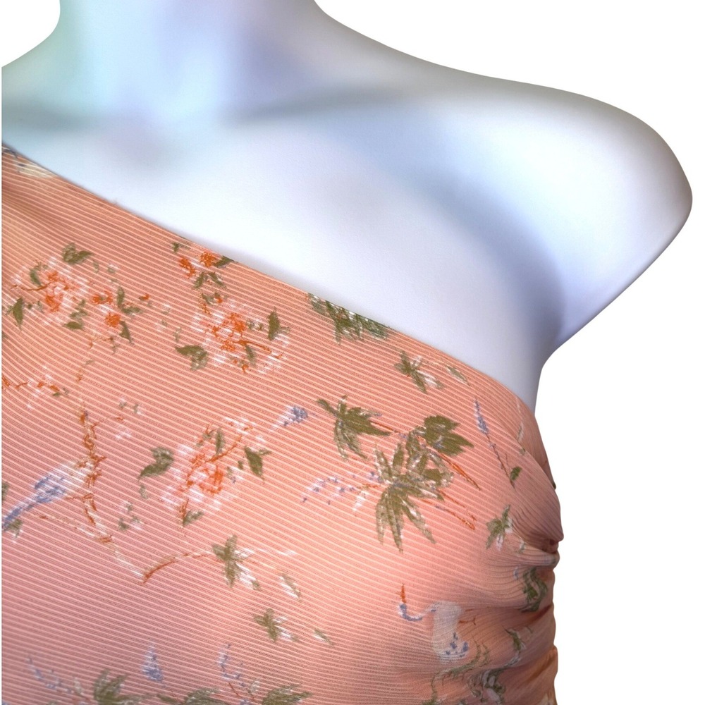 Banana Republic L One Shoulder Peach Floral Ruched Midi Slip Wedding Guest Dress - Picture 9 of 14